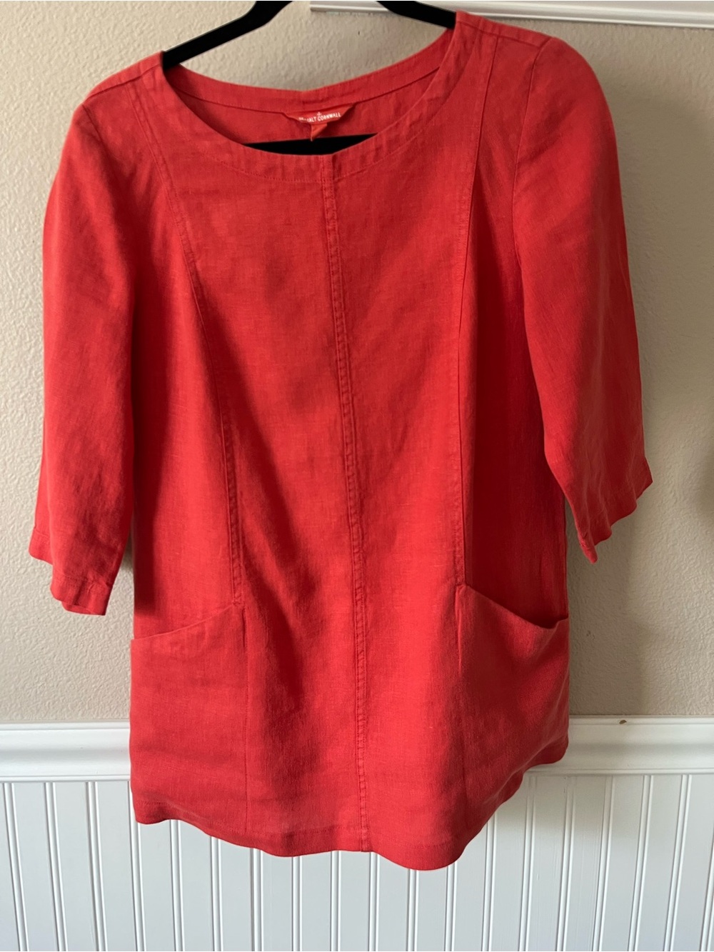 Women's Red Linen Tunic with Front Pockets